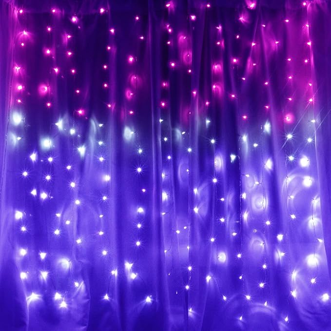 Curtain Lights Pink Purple Ombre Light Up String Curtain for Bedroom Wall Hanging Mermaid Fairy Lights for Teen Room Girls Room Decoration Eater Lights Girls Gift (Pink & Purple)