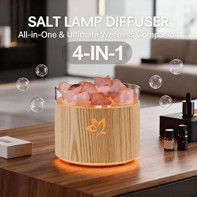 4-in-1 Ultrasonic Crystal Salt Stone Aromatherapy Diffuser & Humidifier - 7-Color LED Dreamy Flame Light, Auto Shut-Off, 2 Modes | Home/Office/Yoga (Wood Grain)