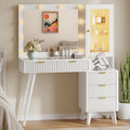 45'' Fluted Makeup Vanity Desk with LED Lights Mirror & Charging Station, Modern Glass Top Vanity Table with 5 Drawers & Glass Cabinet, Dressing Table for Bedroom, Living Room, White