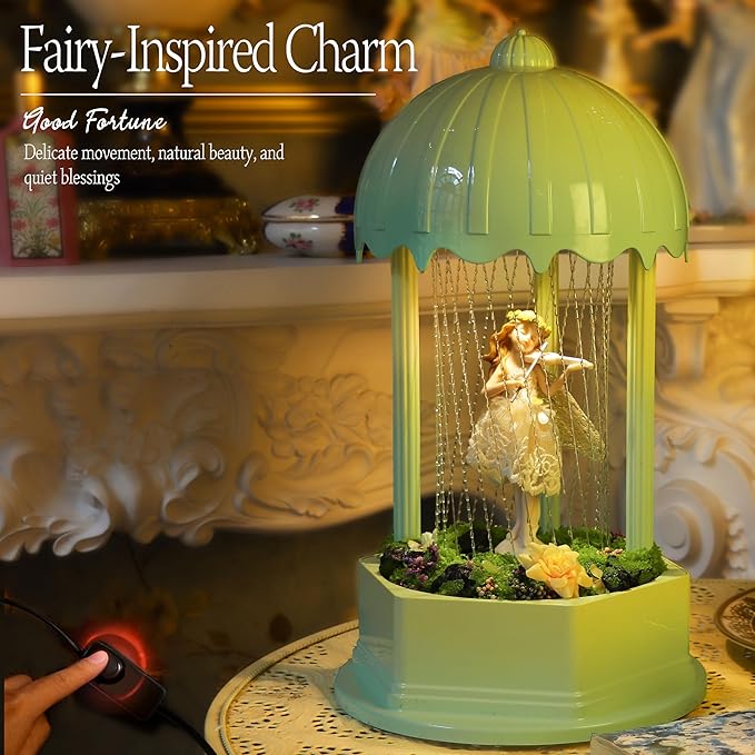 Forest Series Flower Fairy Oil Rain Lamp - Gradient Green Fairycore Decor, Resin Statue with Yarn-Knitting Craft, Sensory Mood Light & Aroma Diffuser (Complete Set)