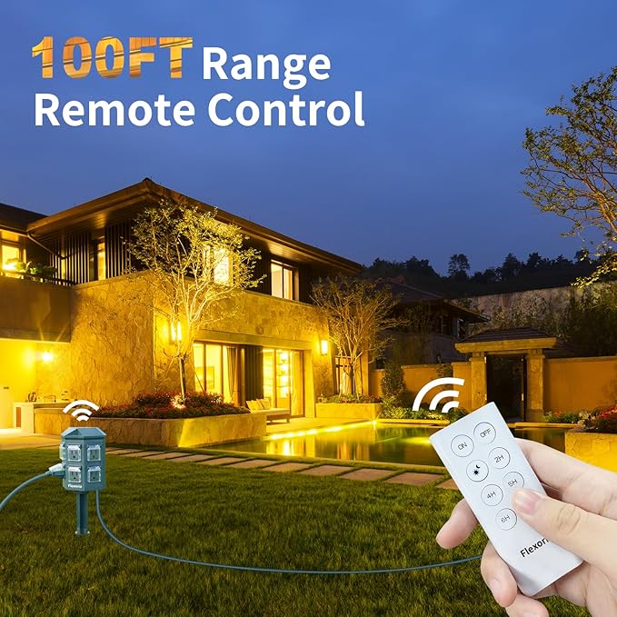 Outdoor Power Stake Timer, Remote Control Dusk to Dawn Light Timer, 90FT Extension Cord Waterproof, 6 Grounded Outlets for Graden and Yard Decorations, ETL Listed