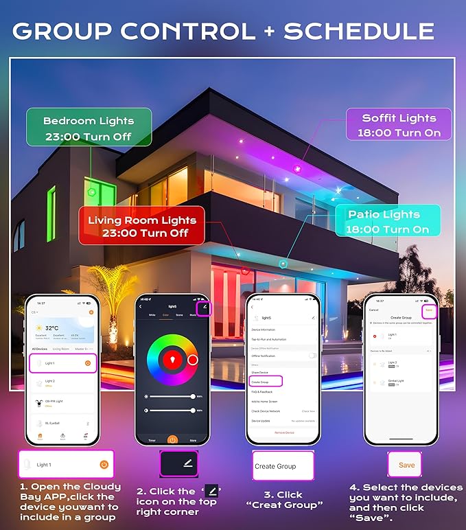 CLOUDY BAY [4 Pack] 4inch Smart WiFi LED Recessed Lights,RGBCW Color Changing Recessed Lighting,Compatible with Alexa and Google Home Assistant,No Hub Required,10W 2700K-6500K,CRI90+,Black