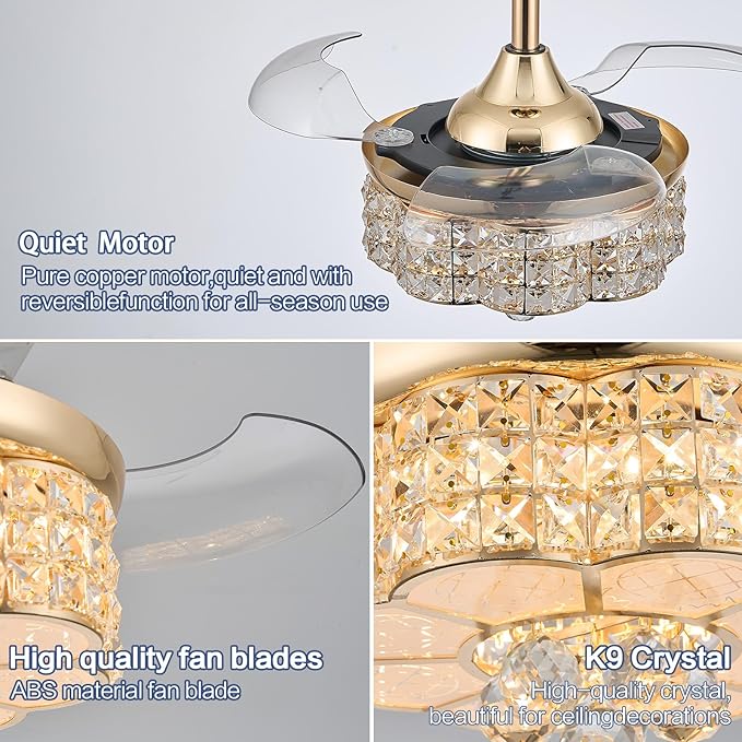 30" RGB Retractable Crystal Ceiling Fan with Light Dimmable Bluetooth Chandelier Fan, 6-Speed Timer, APP Remote Control for Bedroom,Gold
