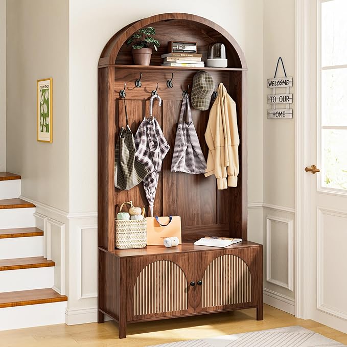 Hall Tree with Bench and Shoe Storage, Entryway Storage Bench with Coat Rack, 78.74" Coat Rack with 7 Hooks and Adjustable Shelves, Farmhouse Style Furniture Organizer for Hallway (Walnut, 78.74"H)