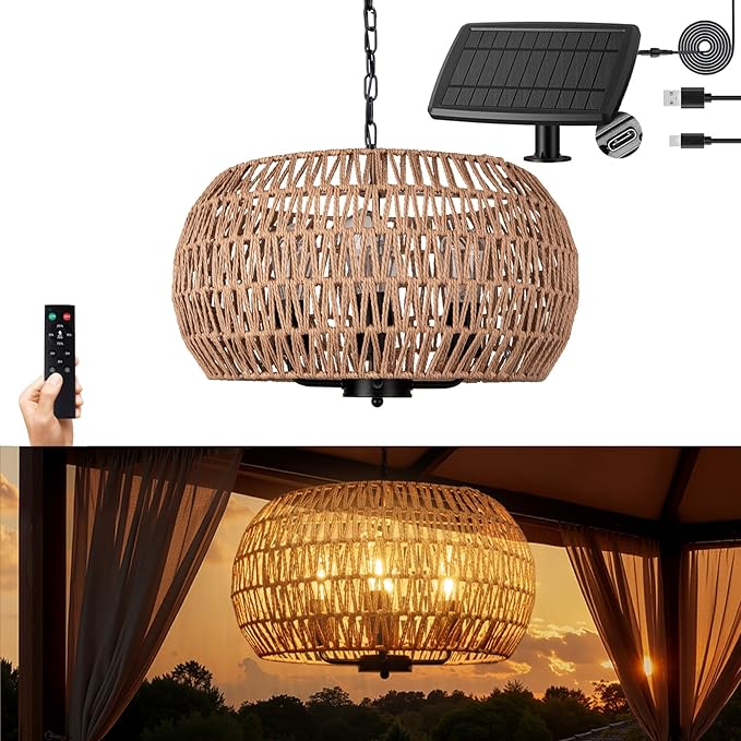 Outdoor Solar Chandelier, 4-Light 19" Rattan Outdoor Chandelier, Hanging Pendant Lights, Waterproof, for Gazebo, Pergola, Porch, Patio
