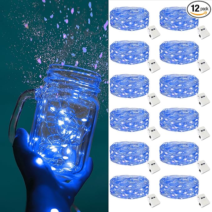 ZGWJ Fairy Lights Battery Operated, 12 Pack Blue Twinkle String Lights 20 LED 7FT Mason Jar Lights for Bedroom, Halloween, Christmas, Party Indoor and Outdoor Decoration