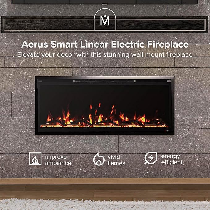 Modern Ember Aerus Slim 42 Inch Smart Linear Electric Fireplace | Recessed in-Wall or Wall-Mount | LED Multiple Flame Colors | Alexa/WiFi Enabled | 4.25” Profile | Remote Included