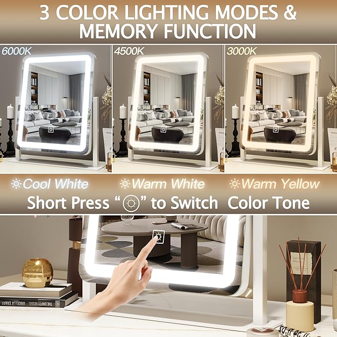 HNV Vanity Mirror with Lights – 15"x13" Large Makeup Mirror with Light, 3-Color Dimmable LED, Touch Screen, 360° Rotation, Tabletop Vanity Mirror for Bedroom or Desk (White)