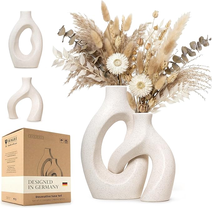 White Ceramic Vase Set of 2, Hollow Oval Flower Vases for Decor, Handmade Nordic Minimalist Ceramic Vase for Pampas Grass, Living Room, Farmhouse & Boho Home Decor, Housewarming Gifts