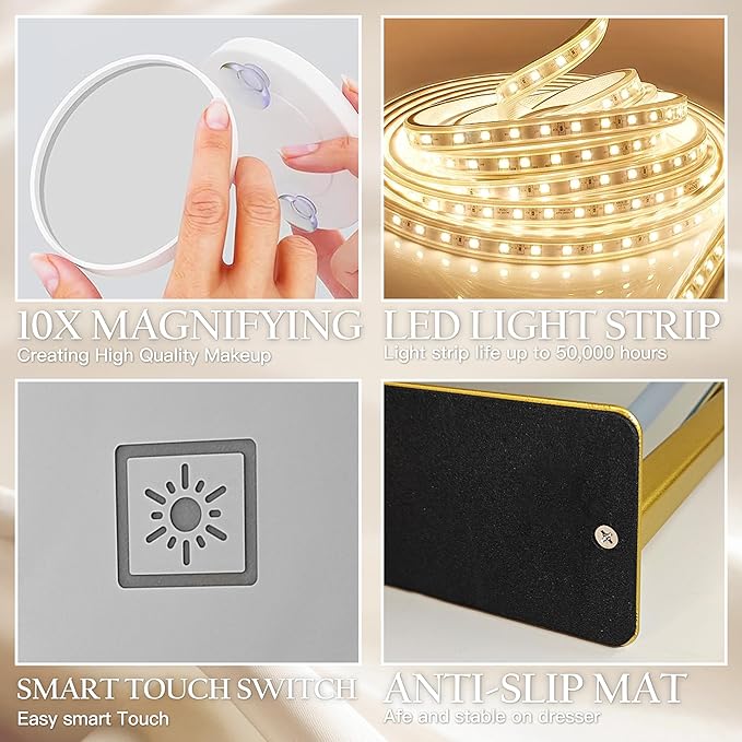ROLOVE Gold Vanity Mirror with Lights 14x11 Inch, Lighted Makeup Mirror, Smart Touch 3 Colors Dimmable, 10X Magnification, Dresser Mount, Modern Style