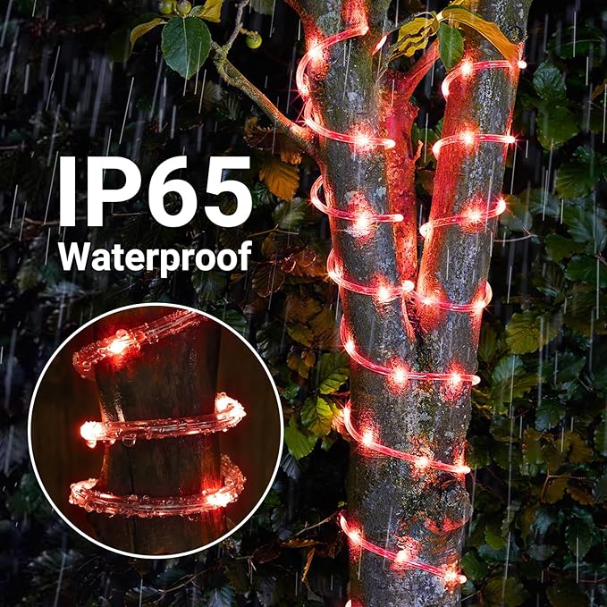Solar Rope Lights, 2 Packs Total 66ft 200LED Solar String Lights, 8 Modes Waterproof Solar Powered Outdoor Light, Flexible Clear Tube Light for Garden Backyard Patio Deck Porch Tree Xmas Decor - Red