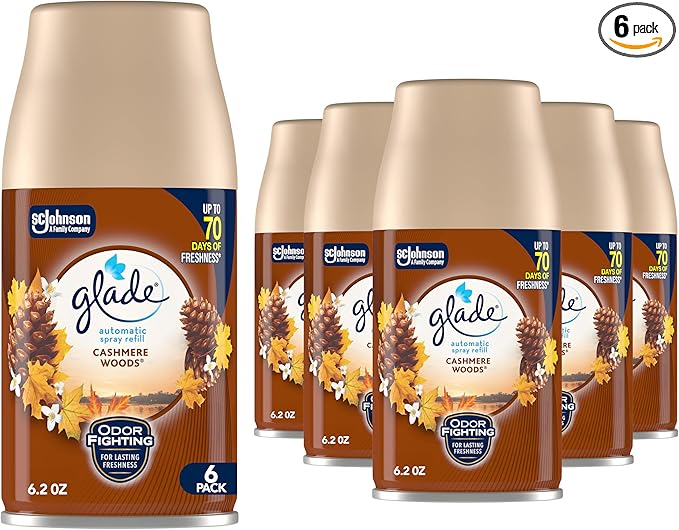 Glade Automatic Spray Refill and Holder Kit, Air Freshener for Home and Bathroom, Cashmere Woods, 6.2 Oz, 6 Count