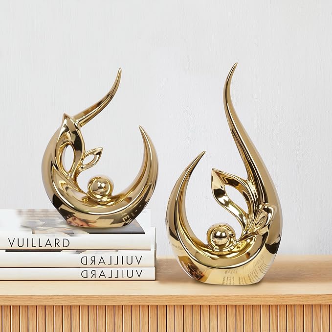 2 PCS Gold Home Decor Accent Ceramic Statue Abstract Sculptures Centerpieces Mid Century Modern Decor for Tables Coffee Table top Decorations for Living Room Desktop Shelf Dining Room Kitchen