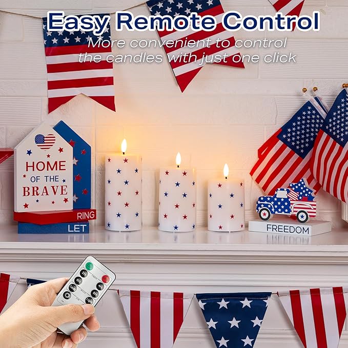 Patriotic Flameless Pillar Candles with Remote, 3 Pack Battery Operated Real Wax LED Candles, Perfect for 4th of July Independence Day Home Decorations Fireplace Table, Star Sticker