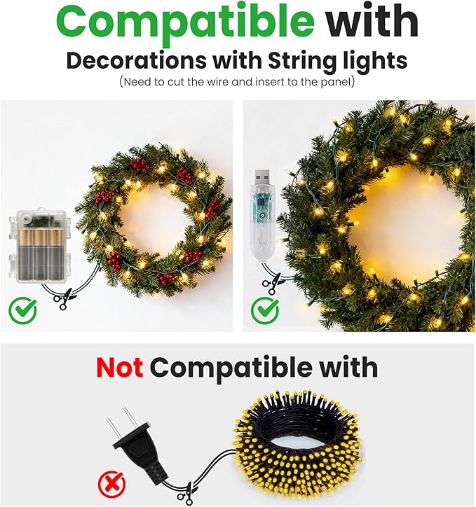 Solar Panel for Christmas Wreaths, Compatible with Battery/USB-Powered Wreath Lights, Features with Intelligent Dusk-to-Dawn Automation and 8 Lighting Modes
