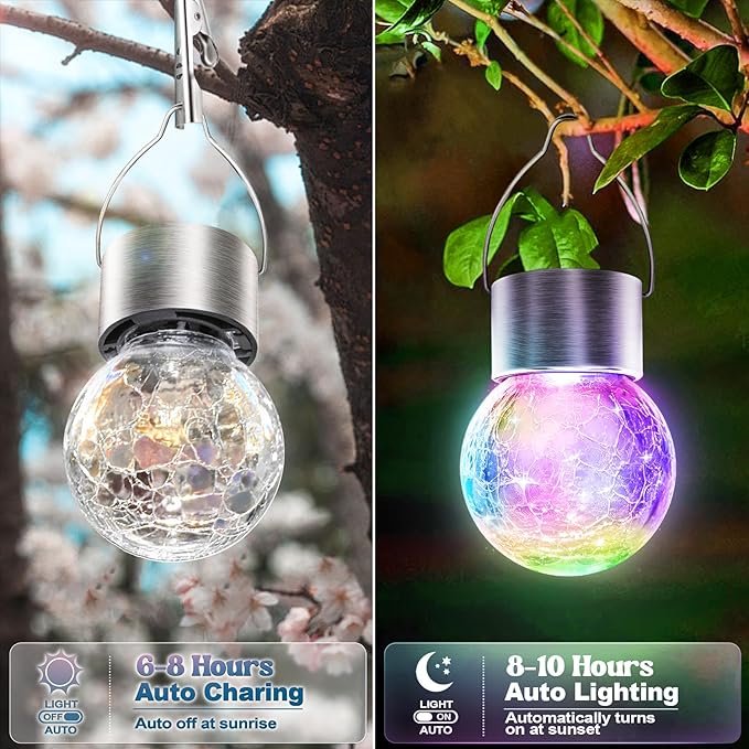 Solar Hanging Lanterns Outdoor: 12 Pack Cracked Glass Ball Lights with Clip - Waterproof Color Changing Globe Decorative Garden Tree Fence - Gardening Holiday Gifts for Women