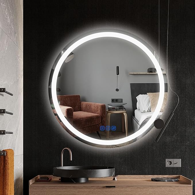 24” Circle LED Bathroom Mirror Round LED Mirror Bathroom Vanity Mirror with Lights Wall-Mounted Front & Backlit,Stepless Dimming,Smart Memory Touch,Anti-Fog,Shatterproof for Modern
