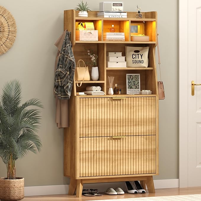 TVU Hall Tree with 2 Height-Adjustable Flip-Top Shoe Cabinets, Rustic Style Entryway Coat Rack with LED Lights, Tall Entryway Coat Rack with 4 Coat Hooks & 7 Height-Adjustable Storage Compartments