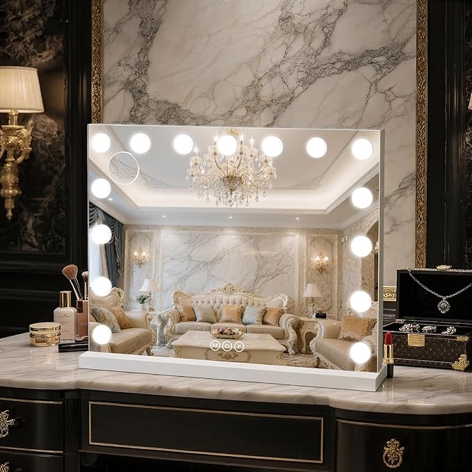 Vanity Mirror with Lights, 23"×18" Large Hollywood Makeup Mirror with 15 Dimmable Bulbs, 3-Color Lighting, Dimmable, 10x Magnification, Desk Mirror, Bedroom (White)