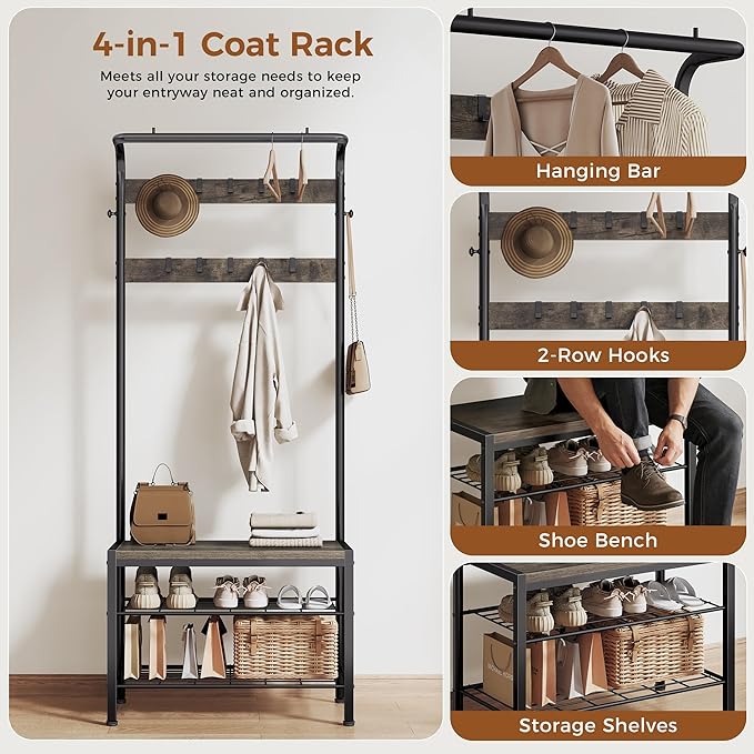 DUMOS Hall Tree with Shoe Bench and Coat Rack, Entryway Bench with Shoe Storage and Hooks, 4-in-1 Coat and Shoe Rack for Entryway, Mudroom Storage Organizer with Shelves, Industrial Grey