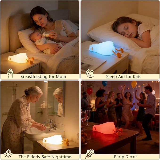 Cute Duck Night Light with Color Changing, APP/Tap Fun Lying Flat Duck Lamp with Rubber Duck Gift,Soft Silicone Nursery Nightlight,Dimmable/Timing Bedside Lamp,White Elephant Xmas Gifts for Baby Kids