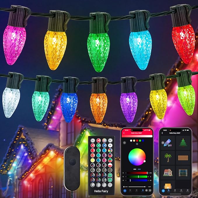 Smart C9 Christmas Lights Outdoor, 78FT 100LED RGB Color Changing String Lights, App&Remote Control, Music Sync, Connectable LED Christmas Tree Lights for Outdoor House Holiday Decoration