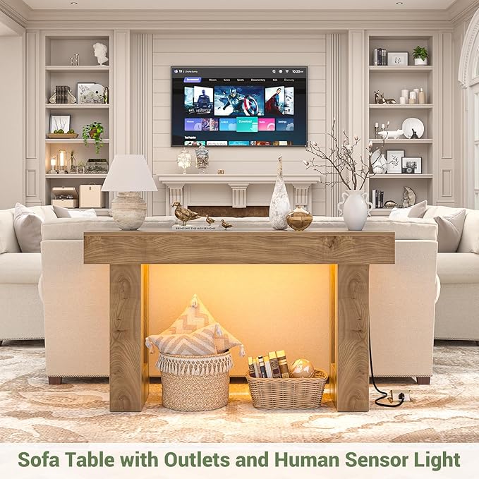 Unikito 47" Entryway Table with Socket and Sensor Light, Narrow Console Table with Storage Behind Couch, Farmhouse Entry Way Tables with Open Storage for Entrance/Hallway/Living Room, Natural Oak