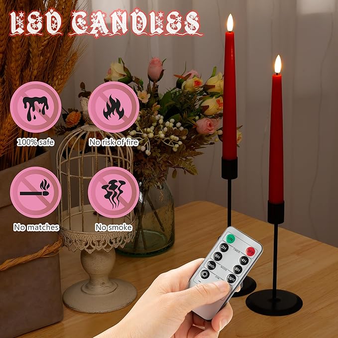 Red Flameless Taper Candles with 3D Wick, 9.6" Real Wax LED Candles with Remote and Timer, 3 Pack Flickering Candlesticks Battery Operated, Classic Tall Taper Candle for Home, Wedding, Party