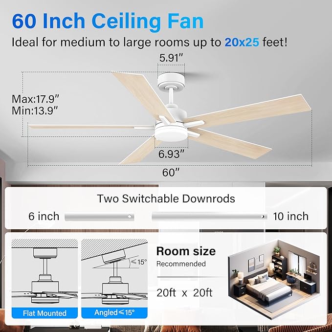 60” Smart Ceiling Fan with Lights Remote,Control via Alexa Google Voice App Wifi,Silent DC Motor,Dimmable,Outdoor Indoor Modern Ceiling Fans for Large Bedroom Patio Porch,White and Wood