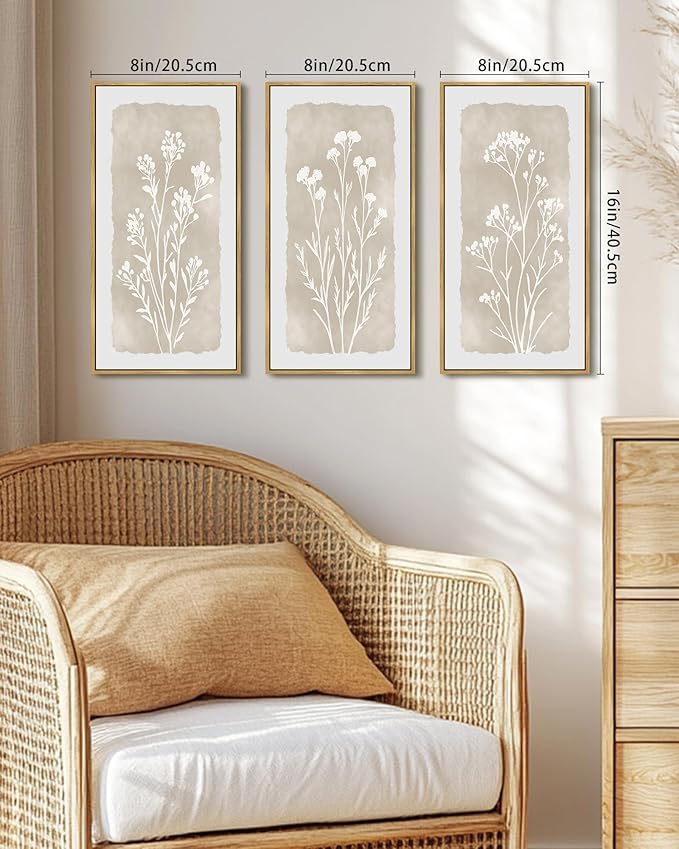 KUVIOKE Vintage Botanical Framed Wall Art White Floral Decor Print Modern Rustic Farmhouse Home Office Kitchen Hallway 8x16in3pcs Natural Framed