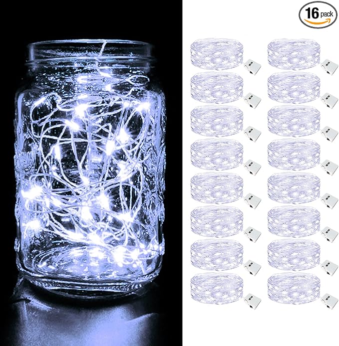 btfarm 16 Pack LED Fairy Lights Battery Operated [3 Modes] Twinkle Lights, 7FT 20 LED Mini String Lights Mason Jars Silver Wire Small Christmas Wedding Party, Cold White