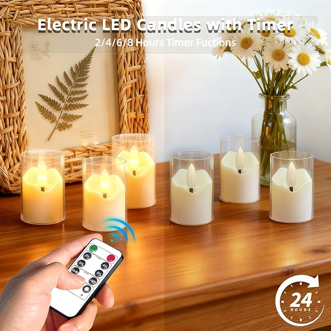 Rechargeable White Acrylic Flameless Tea Light 1.7"x2.5" with Remote Control & Timer, Flickering Warm White LED Votive Candles for Home, Wedding, Holiday Decor (Pack of 6)