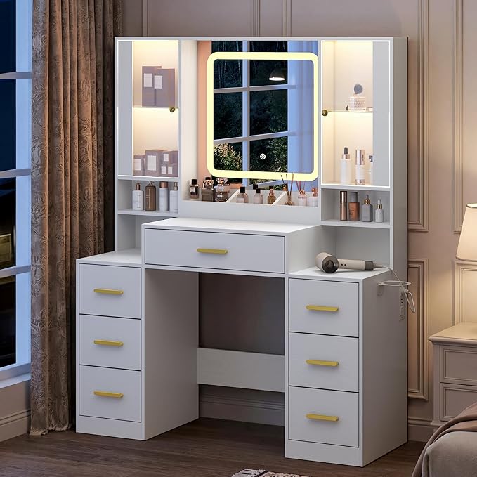 Vanity Desk with Mirror and Lights, Makeup Vanity with 7 Drawers, 2 Glass Door Cabinets, Charging Station, Adjustable Shelves, RGB Lighting, Hair Dryer Holder