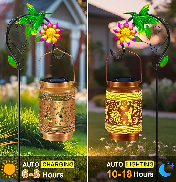 Hummingbird Solar Lanterns Outdoor Waterproof, Hanging Solar Lights Garden Lanterns with Shepherd Hook, Metal Garden Decor for Yard, Patio, Lawn, Landscape, Gifts for Women Mom Christmas