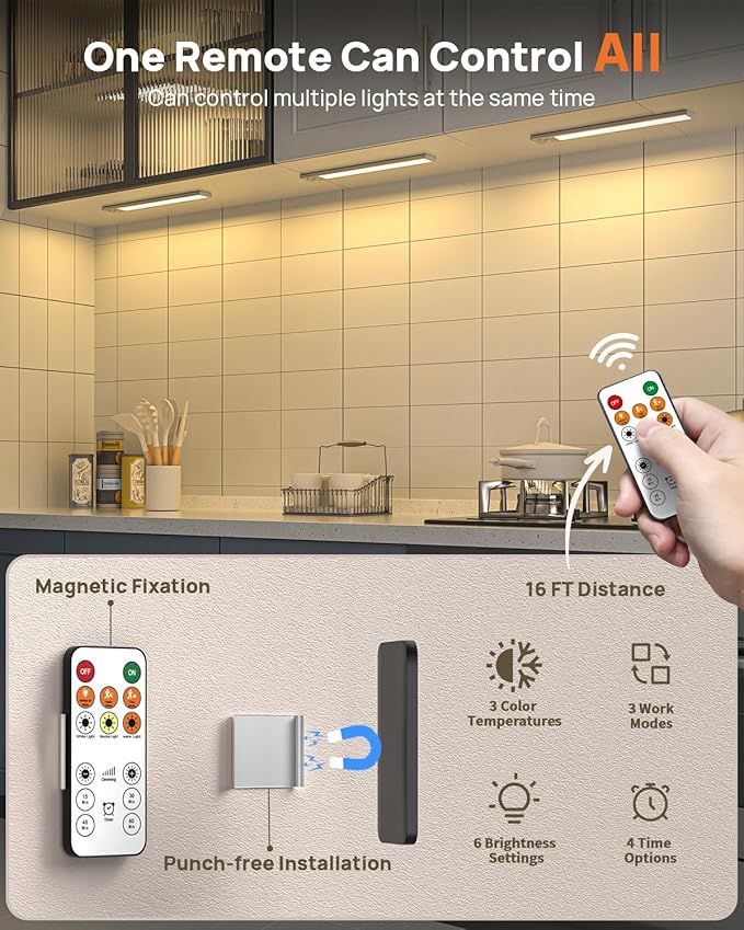 Under Cabinet Lighting Wireless, 16 inch LED Motion Sensor Light Indoor, Rechargeable Closet Lights with Remote, 3 Color Temps, Dimmable, Magnetic Under Counter Lights for Kitchen, Stairs, 4 Pack