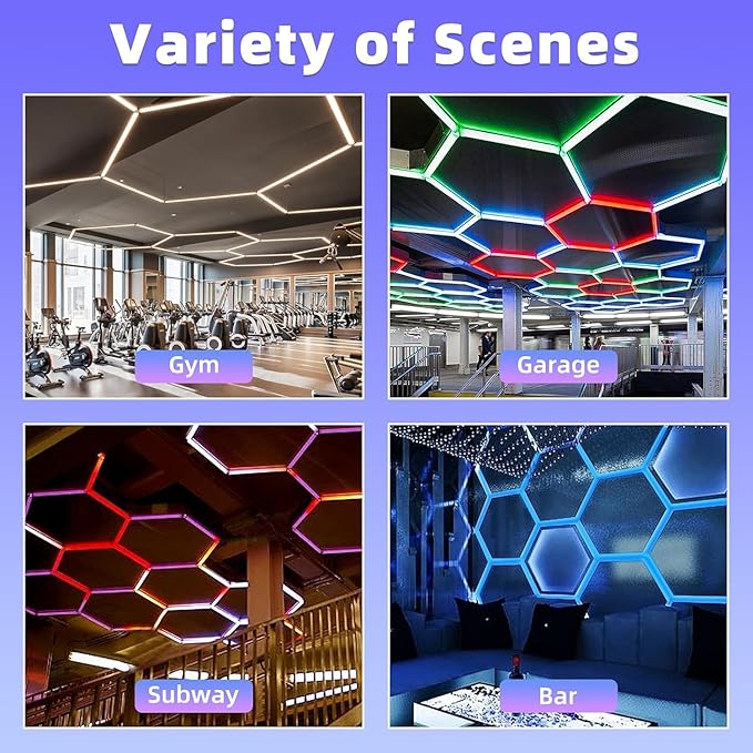 LED ENERGY PLUS RGB 5 Pack Hexagon, 24 Pack Tube Lights, RGB Garage LED Tube Light, 358 Color Modes, Remote Control & Smart App Control, IP54 LED Ceiling Lights for Gaming Room, Gym, Party, Bar