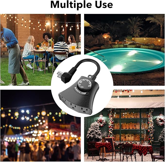 HBN Outdoor Light Timer Waterproof, Weatherproof Photocell Dusk to Dawn Light Sensor, 2/4/6/8 Countdown Timer, 3 Grounded Outlet for Christmas Lights，Hallowen Deceration，1875W 15A 1/2HP