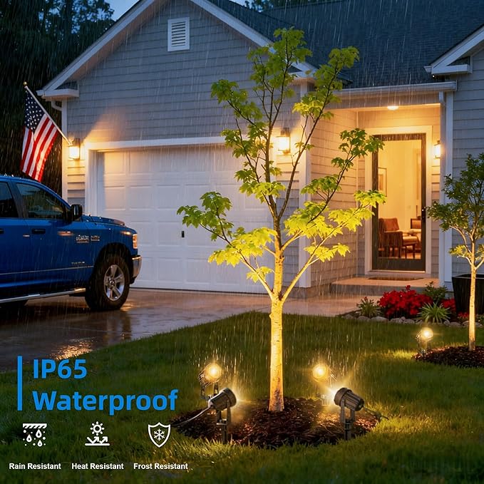 All-in-One Low Voltage Landscape Lighting, Dusk to Dawn Transformer Timer, Waterproof Spotlights, Dimmable LED Outdoor Landscaping Lights Kit for Yard Backyard Tree House 24V (8 pack warm white)