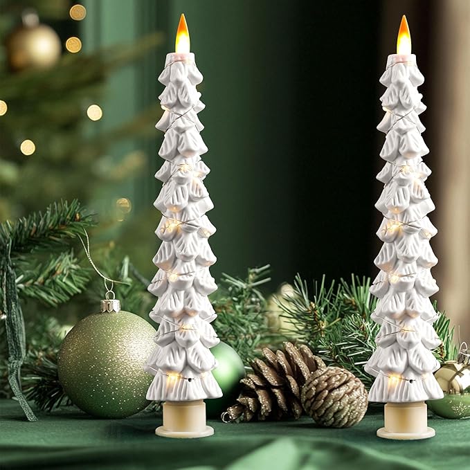 Christmas Tree Candles Surrounded by Fairy Lights, LED flameless Candle Lights with Remote Control Timing Function. White