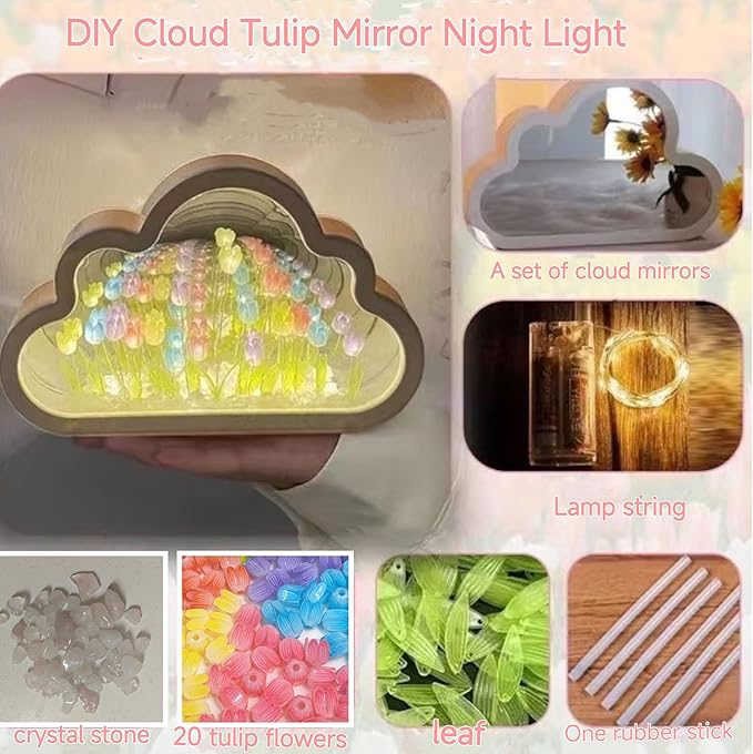 DIY Cloud Tulip Mirror Night Light, Simulation Flower Bedroom Cloud Tulip Table Lamp, Creative Home Decoration, Room Decor for Teen Girls (Blue)