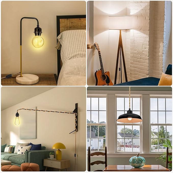 Plug in Pendant Light Cord, Farmhouse Hanging Lights with Plug in Cord, 15FT Hemp Rope Plugin Hanging Light Cord Kit with On/Off Switch, E26 E27 Light SocketCord, Bulb NOT Included