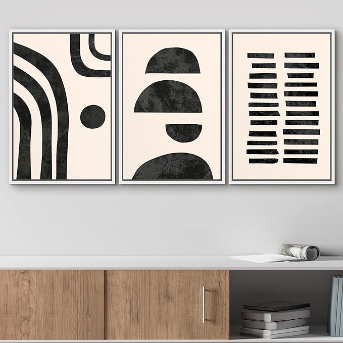 wall26 Framed Wall Art Print Set Black and Tan Semi Circles and Lines Geometric Shapes Digital Art Modern Art Mid-Century Modern Relax/Calm for Living Room, Bedroom, Office - 24"x36"x3 White