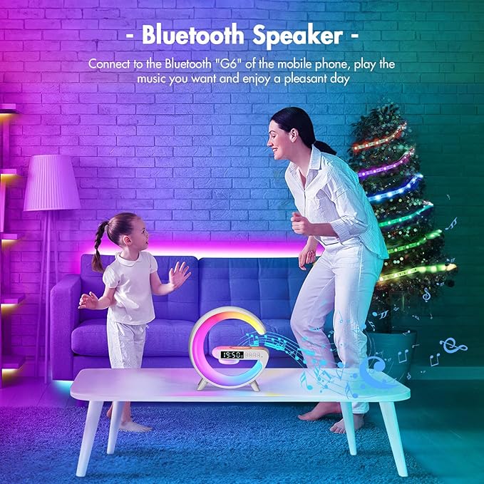 Blingbin Wireless Charger Atmosphere Lamp, 2025 New Mini LED Table Lamp, Bluetooth Speaker, Dimmable Night Light Bedside Lamp Alarm Clock with Music for Christmas Birthday New Year Gifts