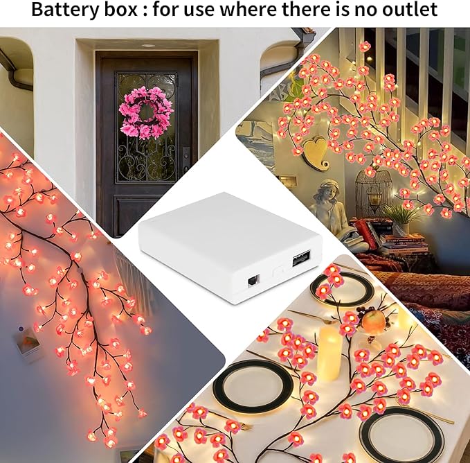Cherry Enchanted Willow Vine Lights, 4FT 48LED Pink Cherry Blossom Tree Branch Lights for Wall, Remote Timer,8 Light Model,Bedroom Wall Doors Wedding, Christmas, USB Battery Box