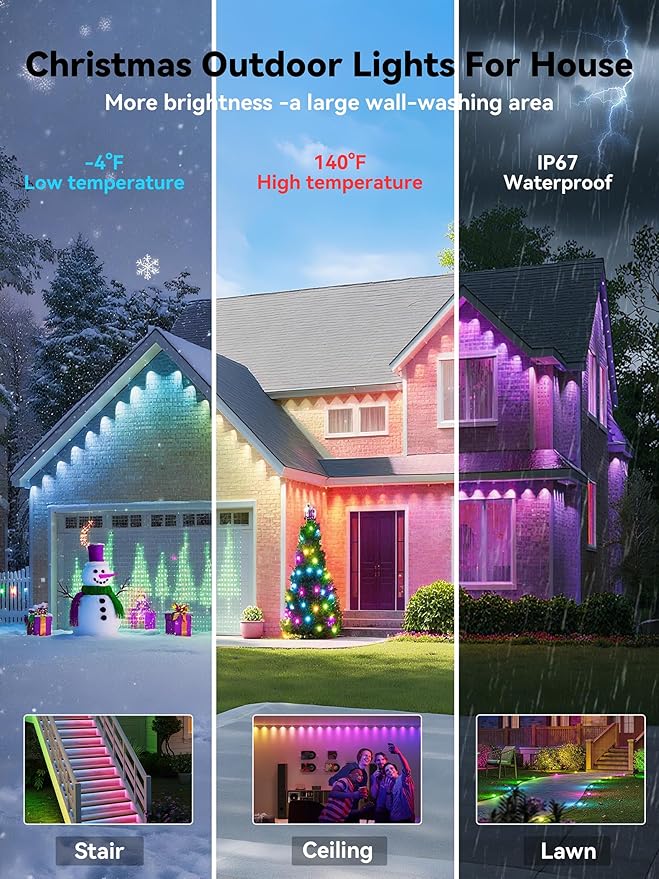 100FT Permanent Outdoor Lights, Smart RGB Eave Lighting for House, IP67 Waterproof LED Outside House Lights with App/Remote Control, for Christmas, Holiday Decor, Party, Daily