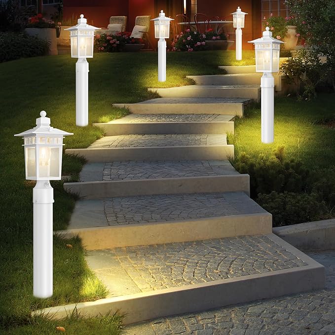 Dusk to Dawn Outdoor Post Lights, Waterproof Lamp Post Light Fixture, Aluminum Lamp Posts Outdoor Lighting Pole Lantern for Outside Yard Patio Pathway Garden Deck, Hard Wired (2 Pack, White)