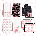 8 Pcs Cute Pink Bow Kitchen Towels and Dishcloths Sets Oven Mitts Pot Holders Set Valentines Day Absorbent Decor Accessories Gloves Potholders Heat Resistant for Chef Baking Cooking Home Gifts