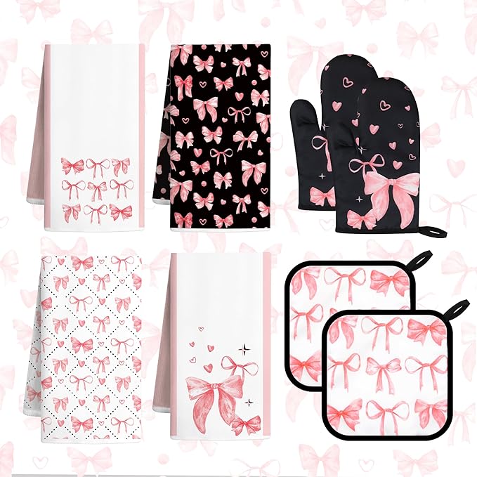 8 Pcs Cute Pink Bow Kitchen Towels and Dishcloths Sets Oven Mitts Pot Holders Set Valentines Day Absorbent Decor Accessories Gloves Potholders Heat Resistant for Chef Baking Cooking Home Gifts