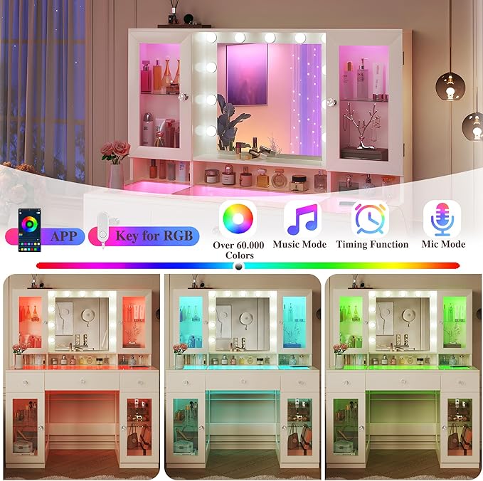 Vanity Desk with Mirror and RGB Lights, 43" Large Makeup Vanity with Glass Top, 4 Large Glass Cabinets, Power Outlet & 3 Drawers, 3 Colors Lighting Adjustable Brightness for Bedroom, White