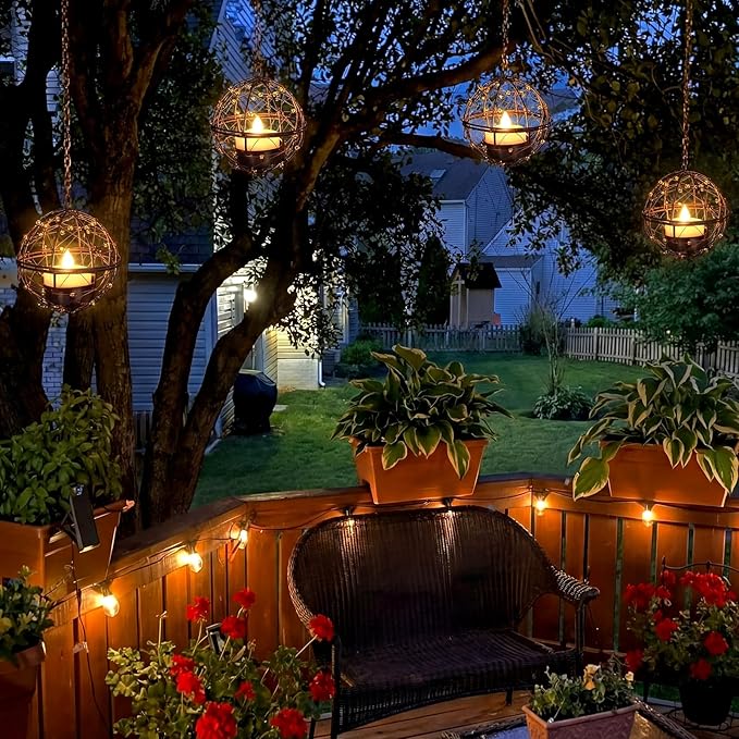 VIHOSE 4 Pack Solar Lanterns Outdoor Waterproof, Hanging Solar Lights Iron Ball with Flashing Tea Wax, Decorative Rechargeable Lamp for Backyard Terrace Garden Fence Tree Decoration